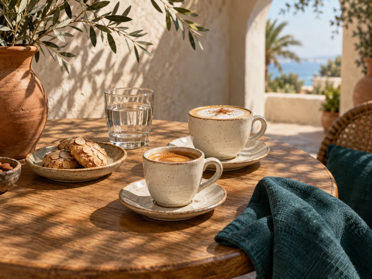 Deux cafés et une petite assiette de douceurs sur une table au soleil