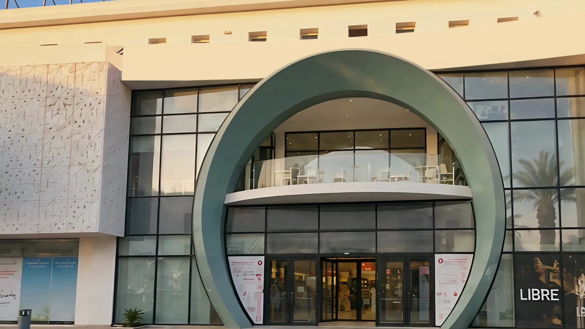 L’arche monumentale et la façade vitrée de Djerba Mall sous le soleil